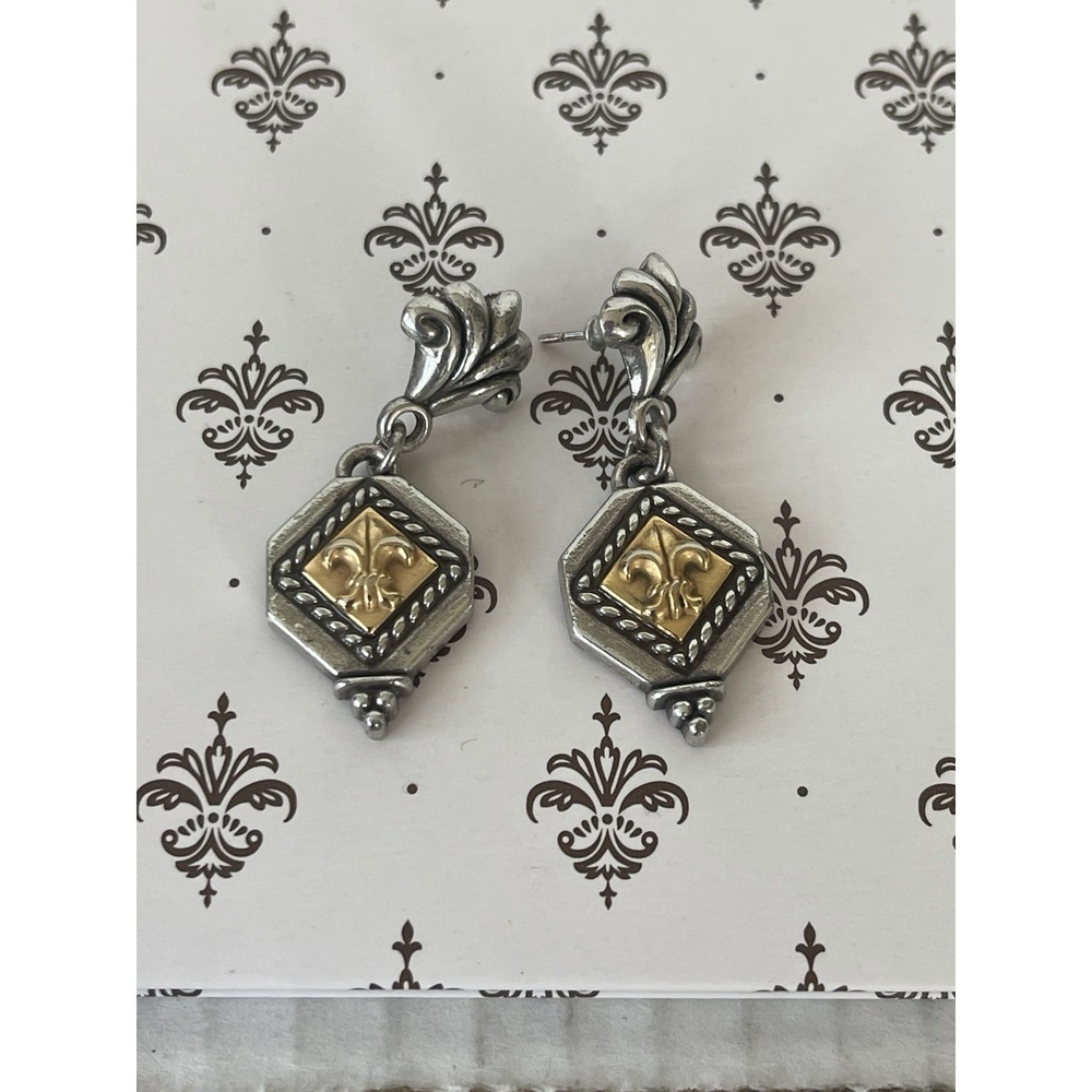 Vintage Brighton Collectibles Retired Two Tone Fleur De Lis Dangle Earrings - Picture 3 of 8